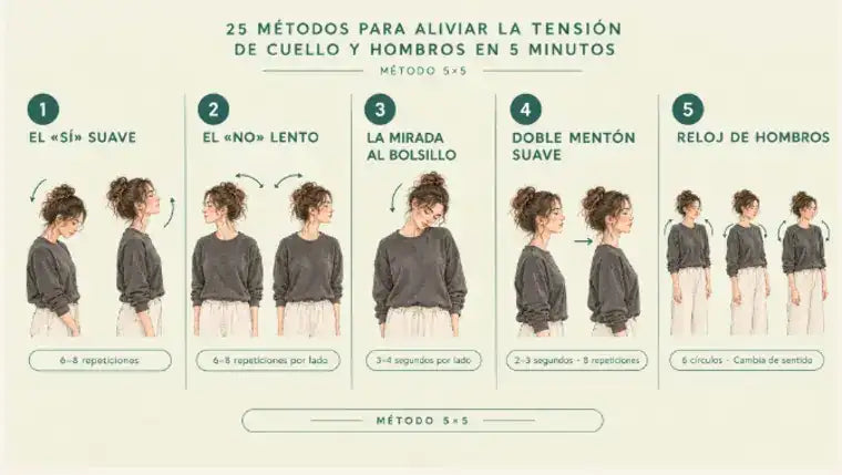 Ilustraciones de los cinco métodos del capítulo 1 de Cuello Libre, con sus repeticiones.