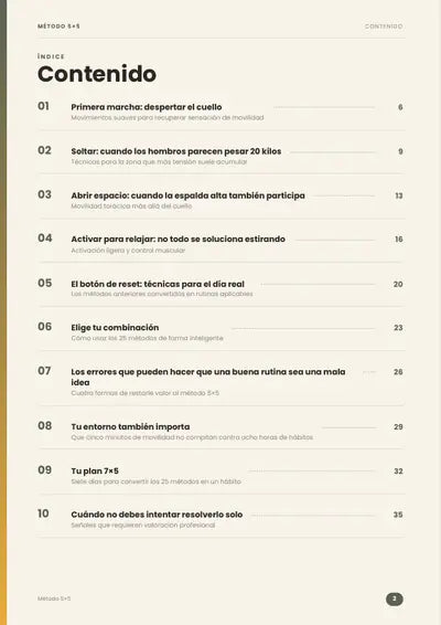 Página 2 de Cuello Libre: índice con los 10 capítulos.